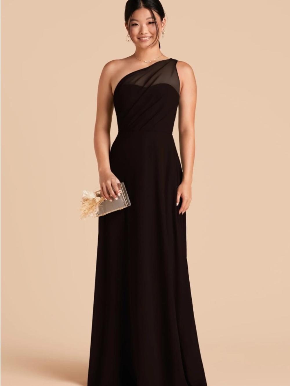 Birdy Grey One-Shoulder Black Chiffon Evening Gown
